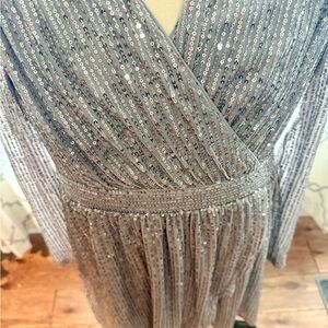 Elegant Silver Sequin Long Sleeve Dress